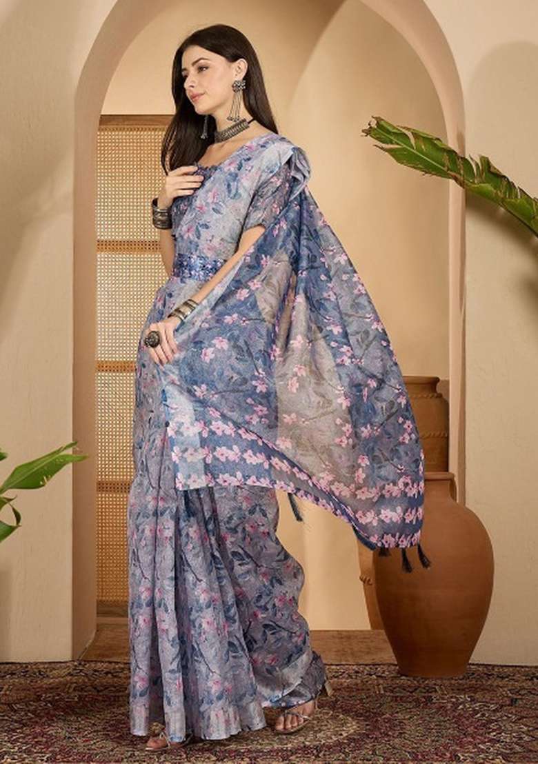 Grey Printed Linen Cotton Saree Set for Diwali and Festive Wear - Indya