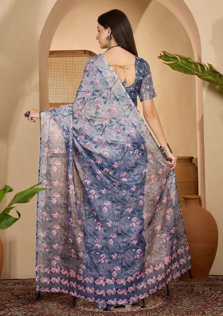 Grey Printed Linen Cotton Saree Set for Diwali and Festive Wear - Indya