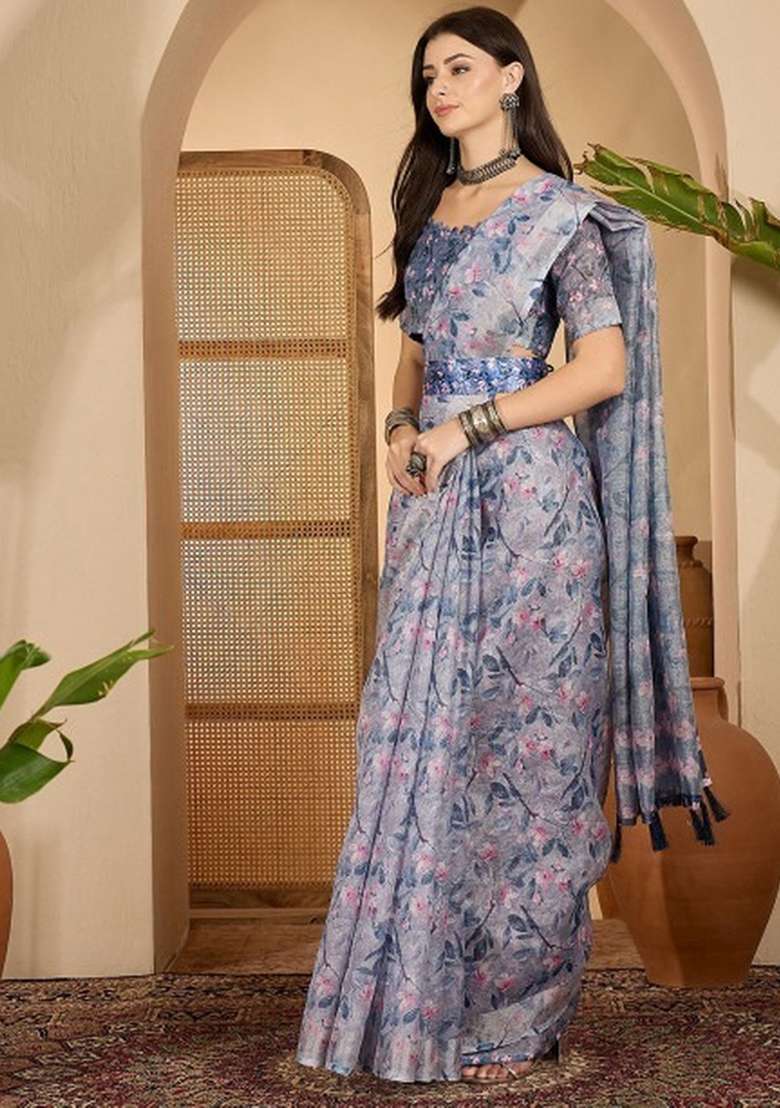 Grey Printed Linen Cotton Saree Set for Diwali and Festive Wear - Indya
