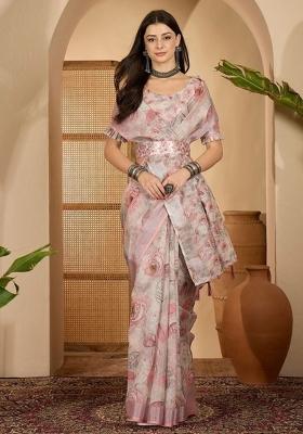 Beige Printed Linen Cotton Saree Set
