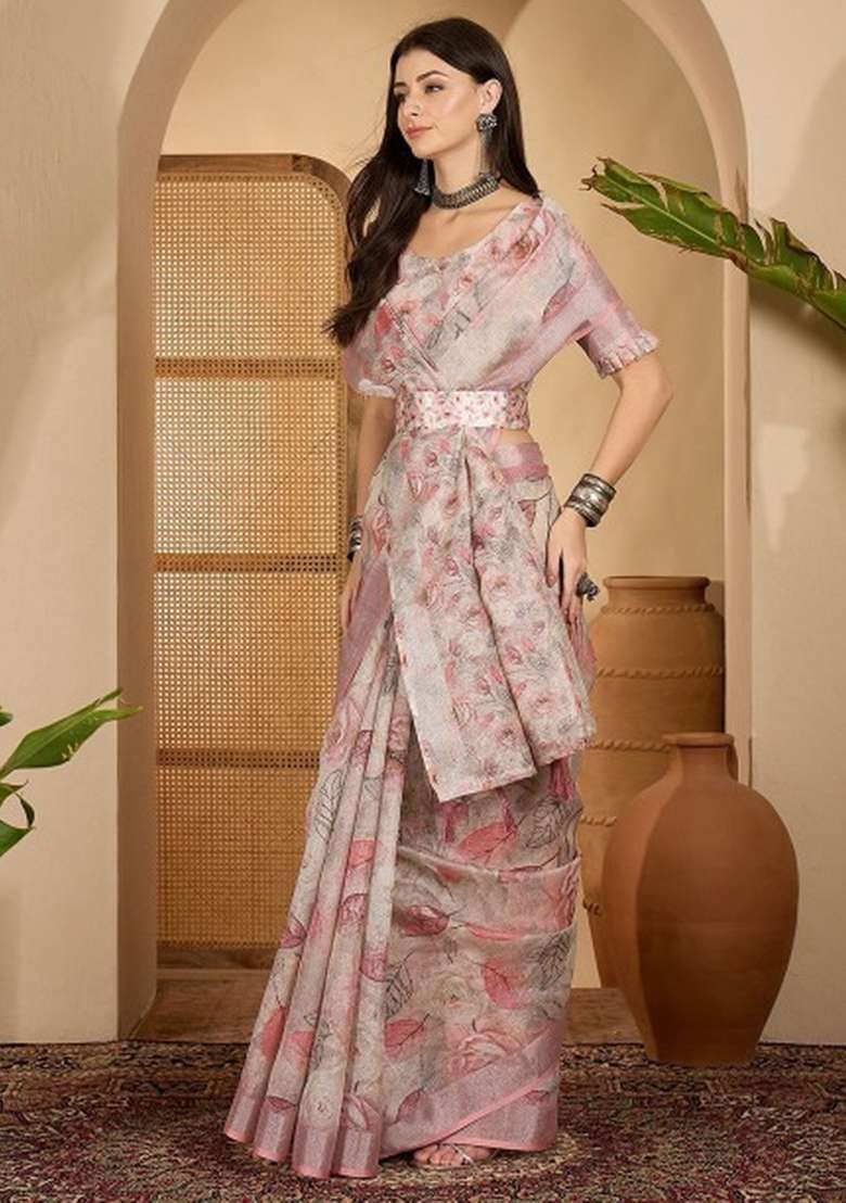 Beige Linen Cotton Saree Set with Printed for Diwali | Wedding & Festive Wear - Indya