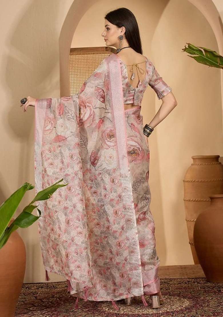 Beige Linen Cotton Saree Set with Printed for Diwali | Wedding & Festive Wear - Indya