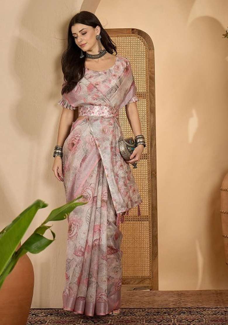 Beige Linen Cotton Saree Set with Printed for Diwali | Wedding & Festive Wear - Indya