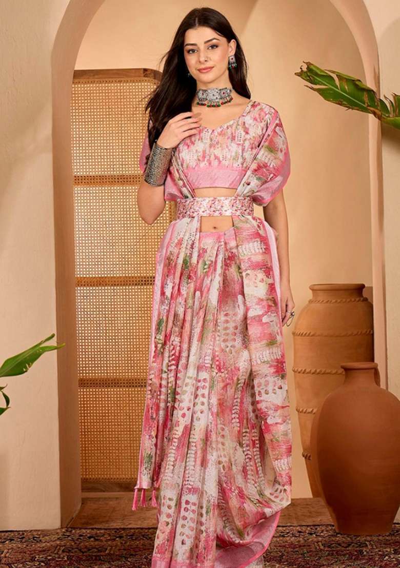 Pink Linen Cotton Saree Set with Printed for Diwali | Wedding & Festive Wear - Indya