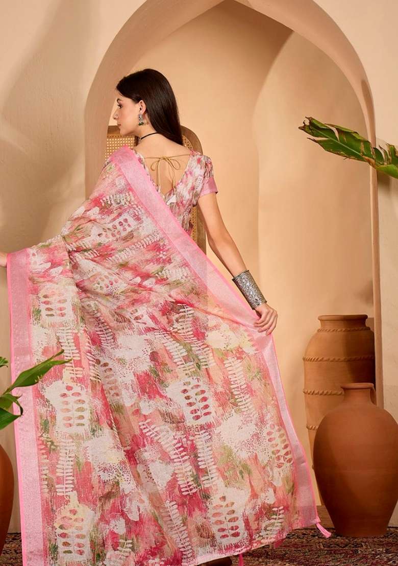 Pink Linen Cotton Saree Set with Printed for Diwali | Wedding & Festive Wear - Indya