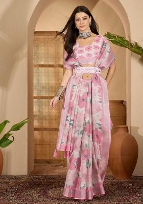 Pink Printed Linen Cotton Saree Set
