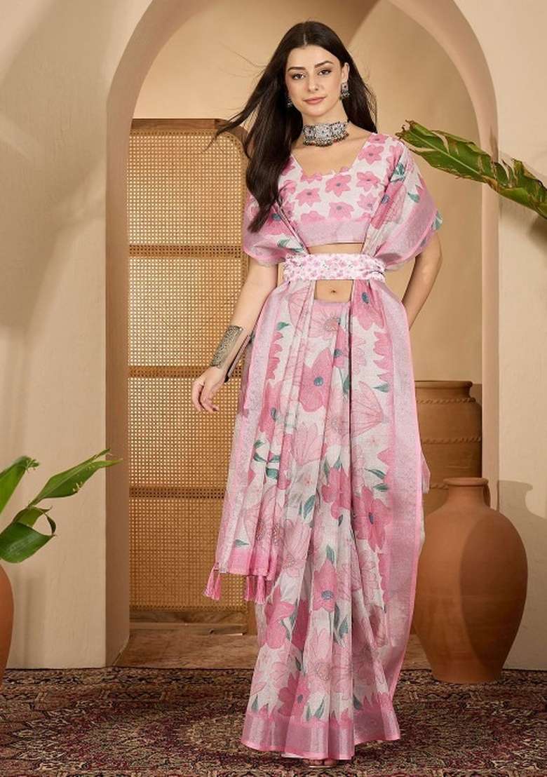 Pink Printed Linen Cotton Saree Set for Diwali and Festive Wear - Indya