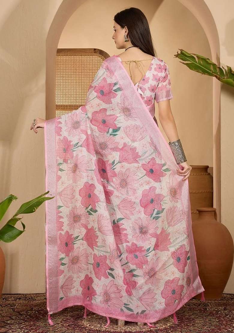 Pink Printed Linen Cotton Saree Set for Diwali and Festive Wear - Indya