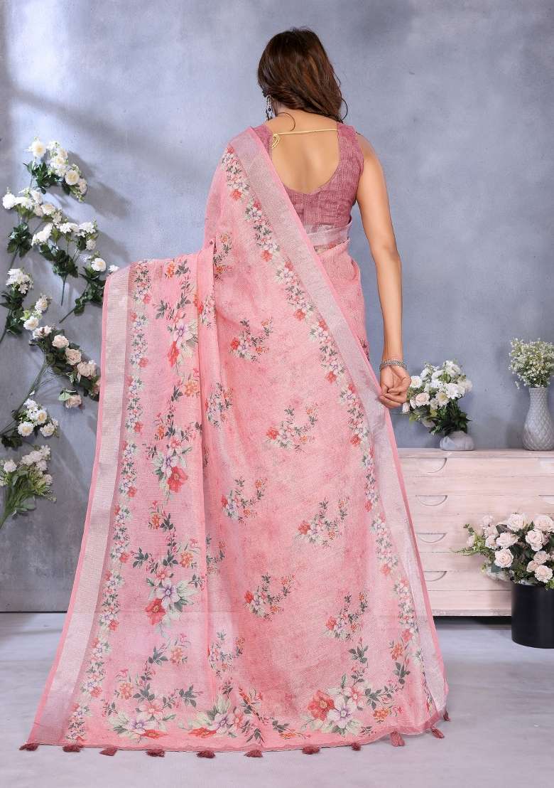 Peach Printed Linen Shimmer Saree Set for Diwali and Festive Wear - Indya