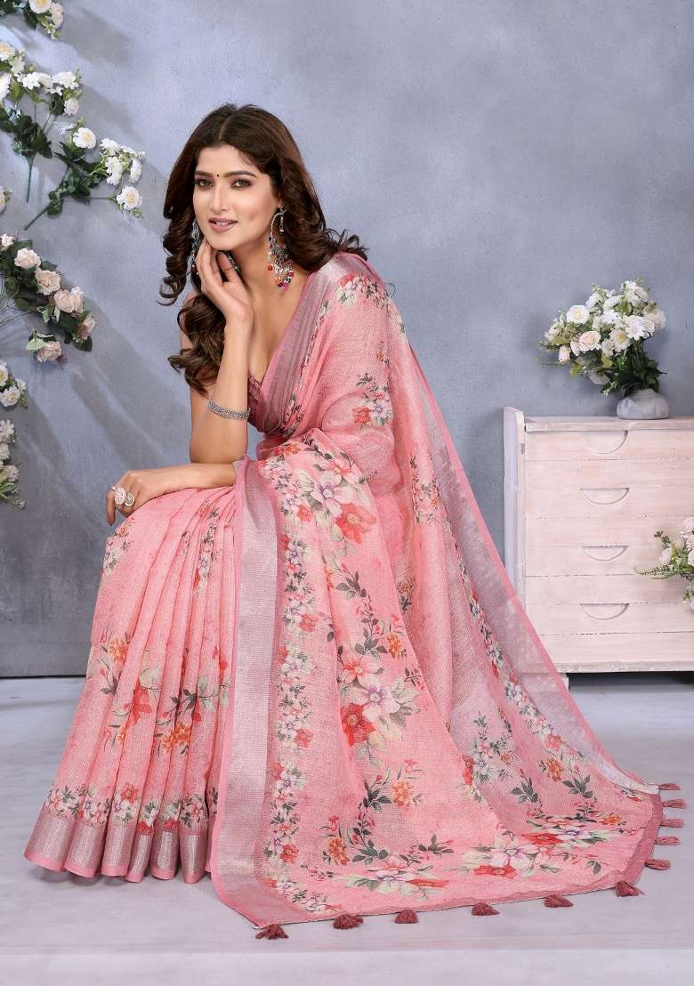 Peach Printed Linen Shimmer Saree Set for Diwali and Festive Wear - Indya