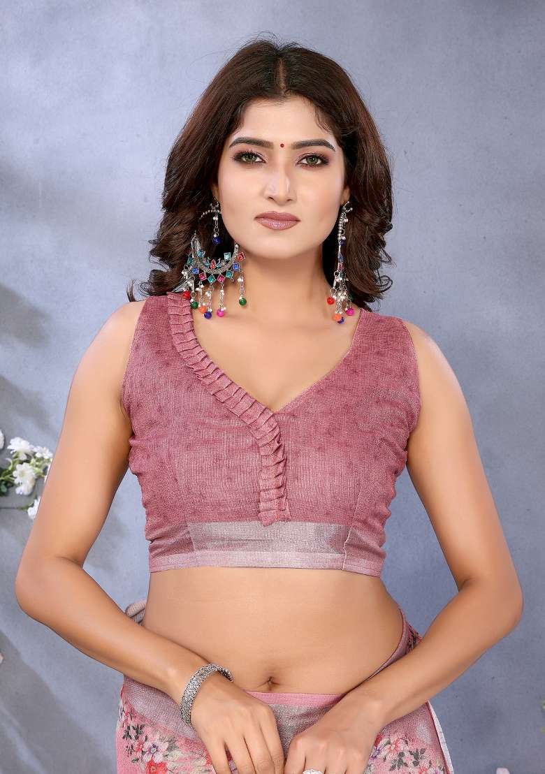 Peach Printed Linen Shimmer Saree Set for Diwali and Festive Wear - Indya