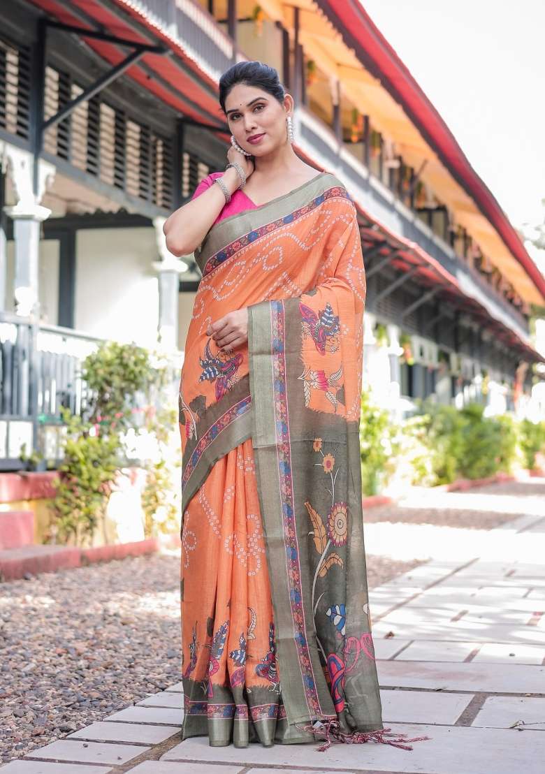 Orange Printed Linen Cotton Saree Set for Diwali and Festive Wear - Indya