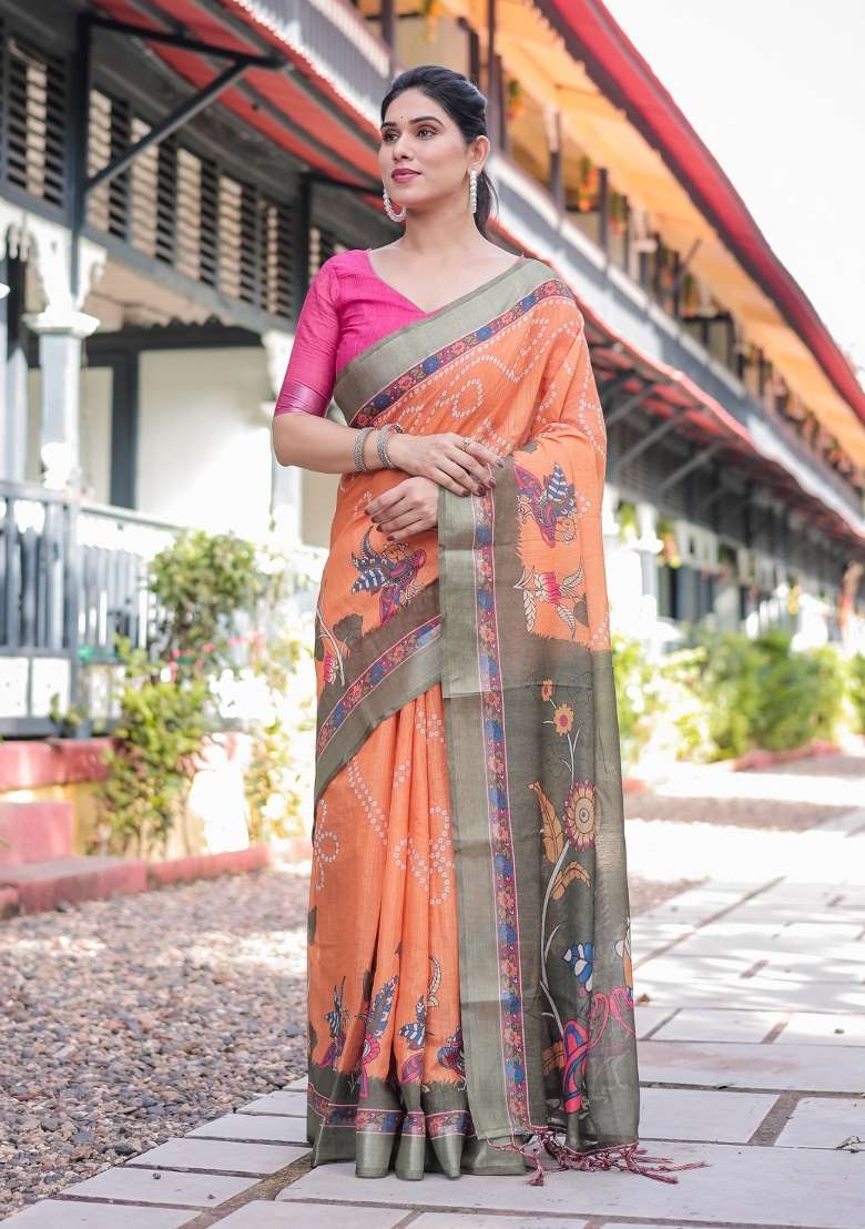 Orange Printed Linen Cotton Saree Set for Diwali and Festive Wear - Indya