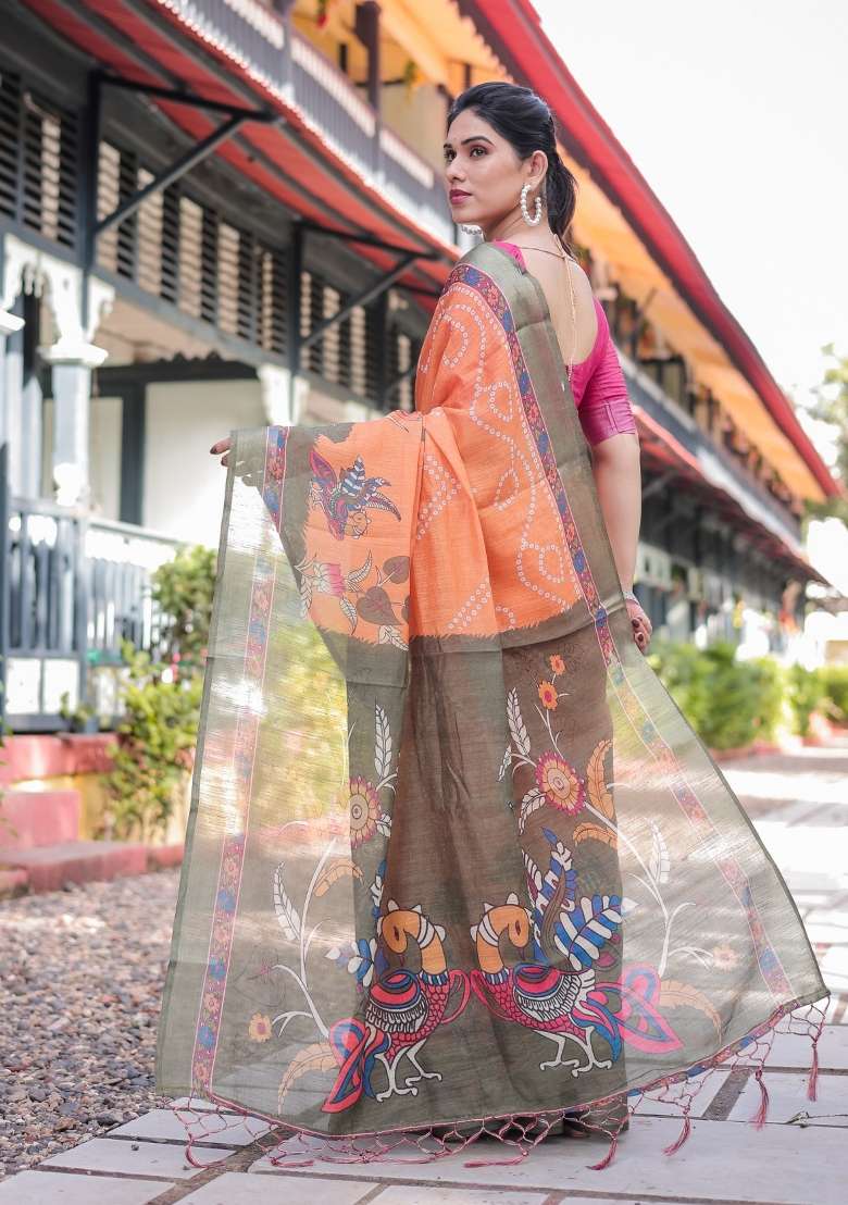 Orange Printed Linen Cotton Saree Set for Diwali and Festive Wear - Indya