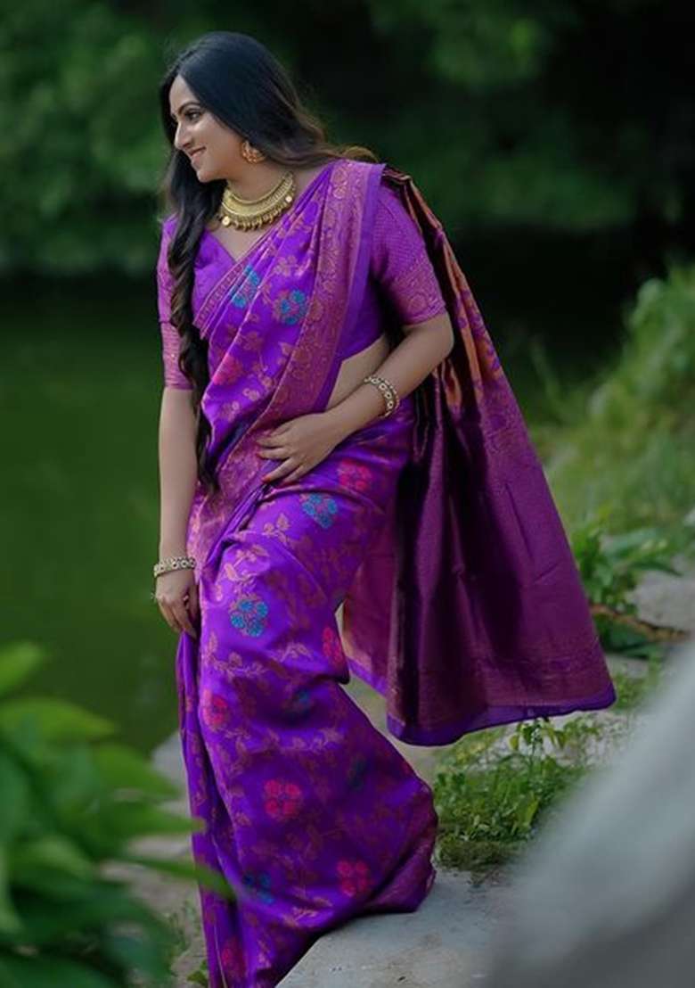 Purple Lichi With Blouse Silk Blend Saree with Embroidery for Diwali | Wedding & Festive Wear - Indya