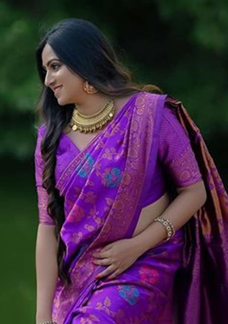 Purple Lichi With Blouse Silk Blend Saree with Embroidery for Diwali | Wedding & Festive Wear - Indya