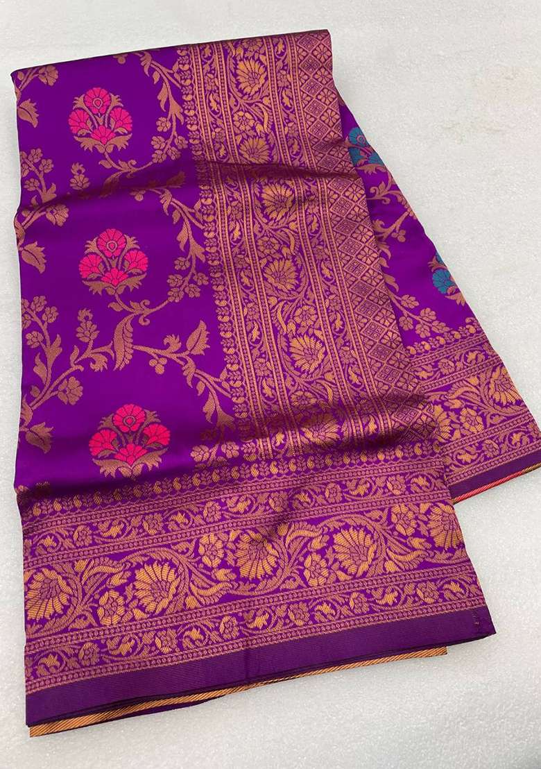 Purple Lichi With Blouse Silk Blend Saree with Embroidery for Diwali | Wedding & Festive Wear - Indya