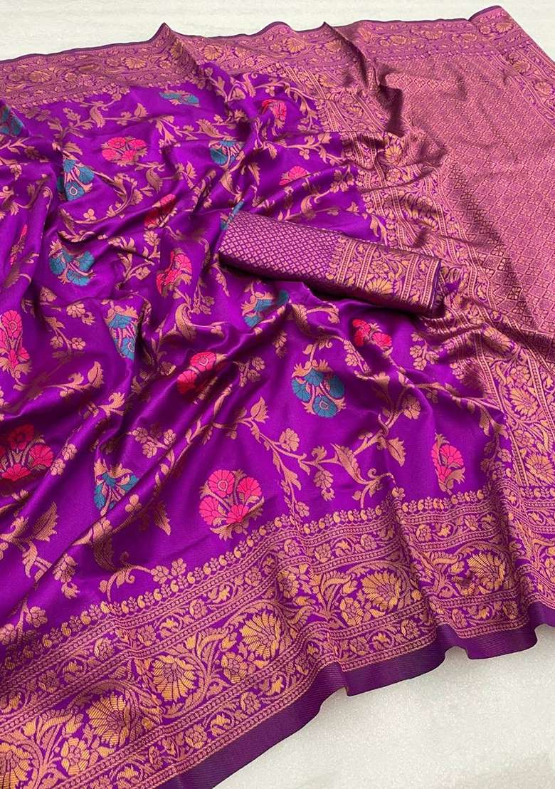 Purple Lichi With Blouse Silk Blend Saree with Embroidery for Diwali | Wedding & Festive Wear - Indya