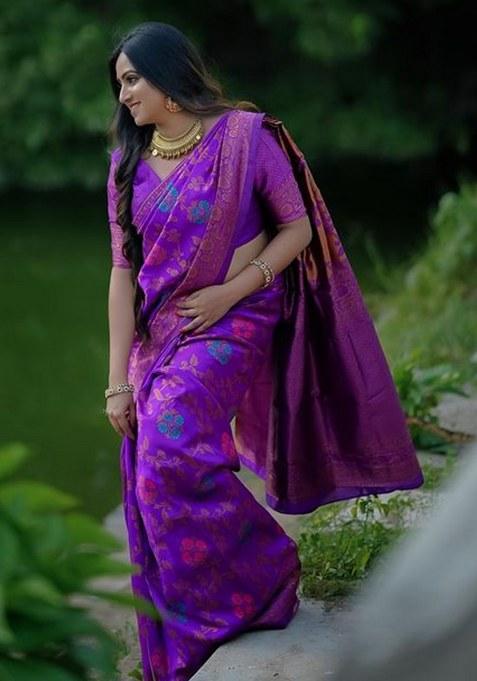 Purple Embroidery Lichi Silk Saree With Blouse
