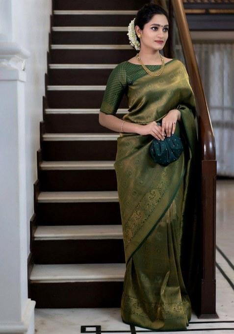 Green Embroidery Lichi Silk Saree With Blouse