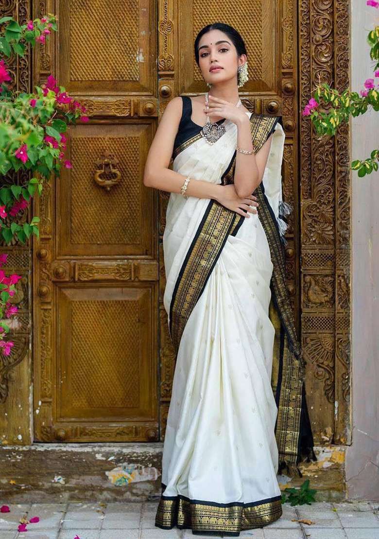 White Embroidery Lichi Silk Blend Saree With Blouse for Diwali and Festive Wear - Indya