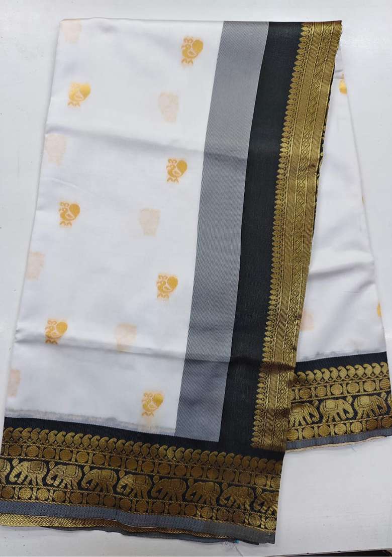 White Embroidery Lichi Silk Blend Saree With Blouse for Diwali and Festive Wear - Indya