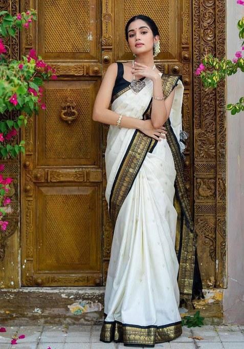 White Embroidery Lichi Silk Saree With Blouse
