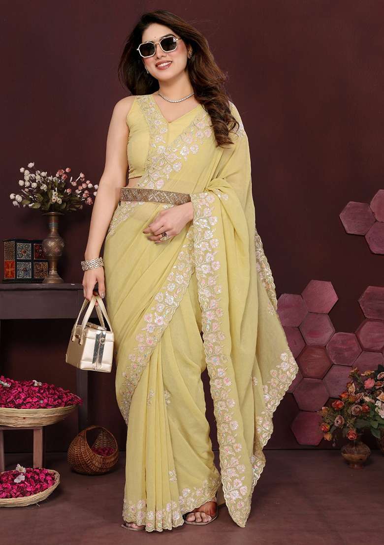 Yellow Georgette With Blouse Silk Blend Saree with Embroidery for Diwali | Wedding & Festive Wear - Indya