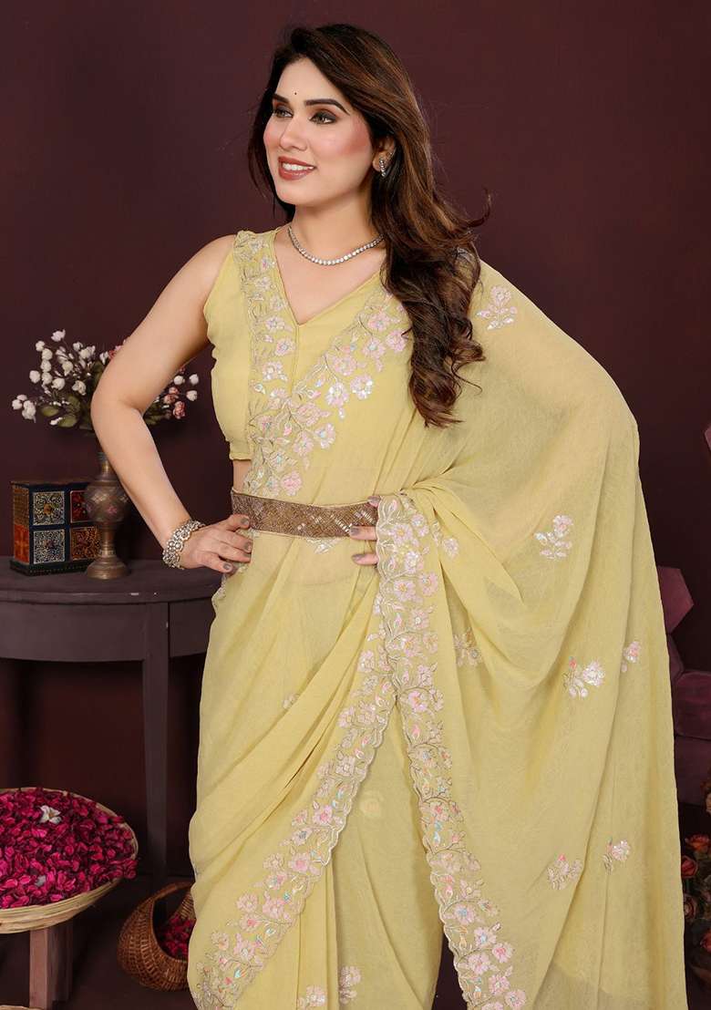Yellow Georgette With Blouse Silk Blend Saree with Embroidery for Diwali | Wedding & Festive Wear - Indya