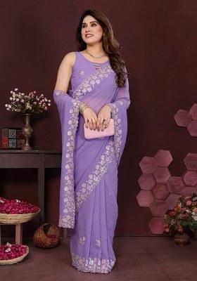 Purple Embroidery Georgette Silk Saree With Blouse