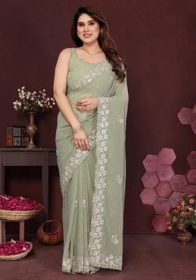 Olive Green Embroidery Georgette Silk Saree With Blouse