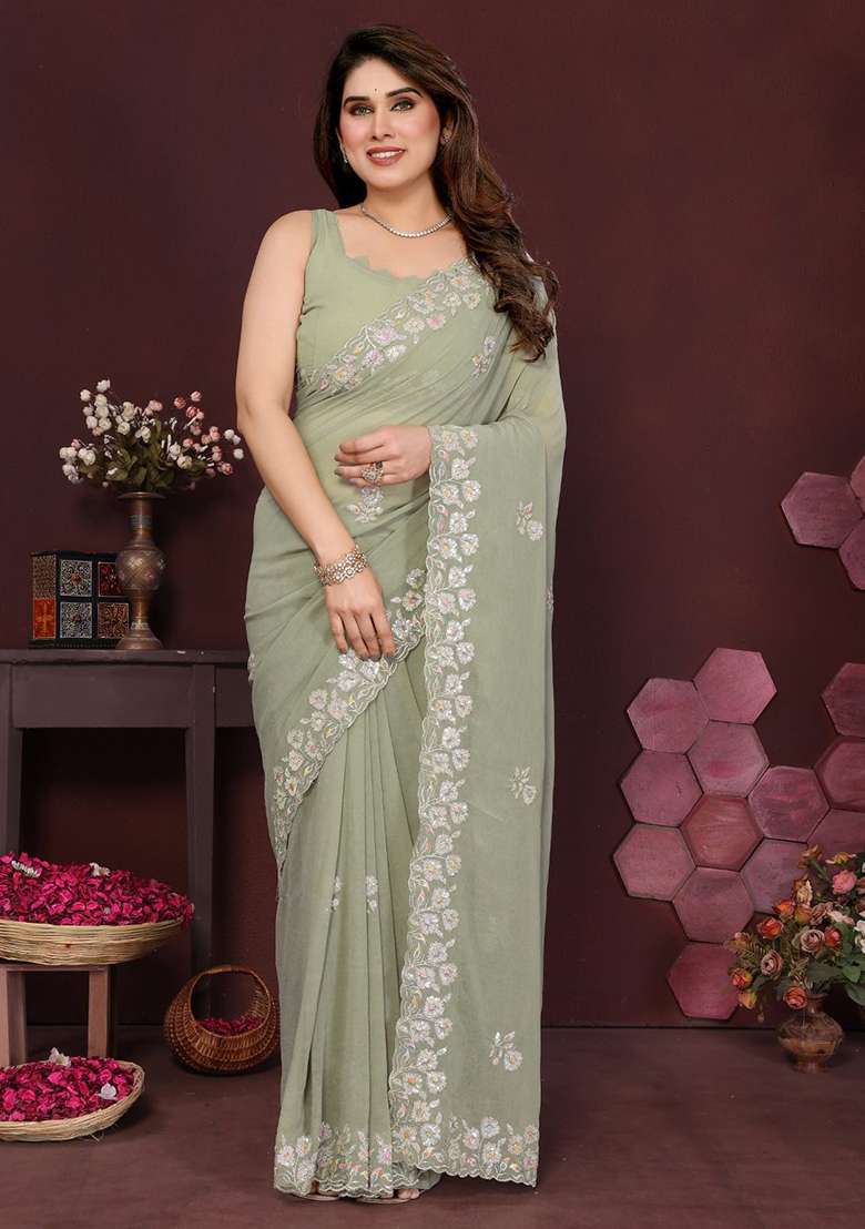 Olive Green Embroidery Georgette Silk Blend Saree With Blouse for Diwali and Festive Wear - Indya