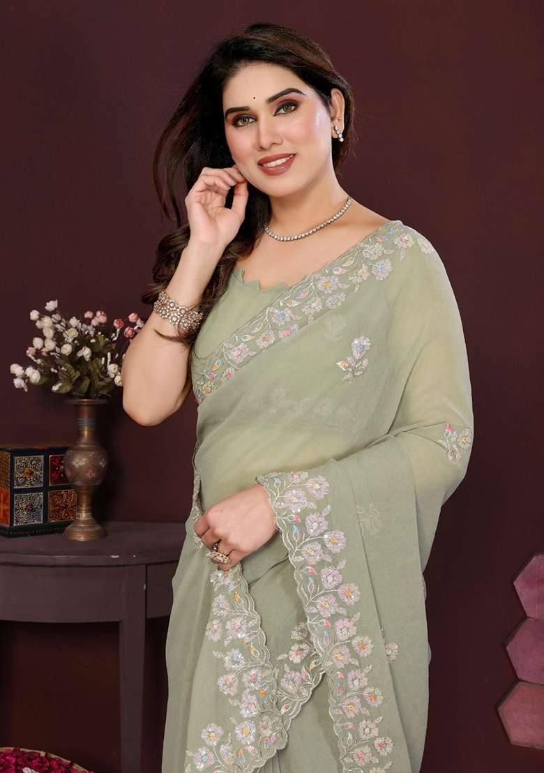 Olive Green Embroidery Georgette Silk Blend Saree With Blouse for Diwali and Festive Wear - Indya