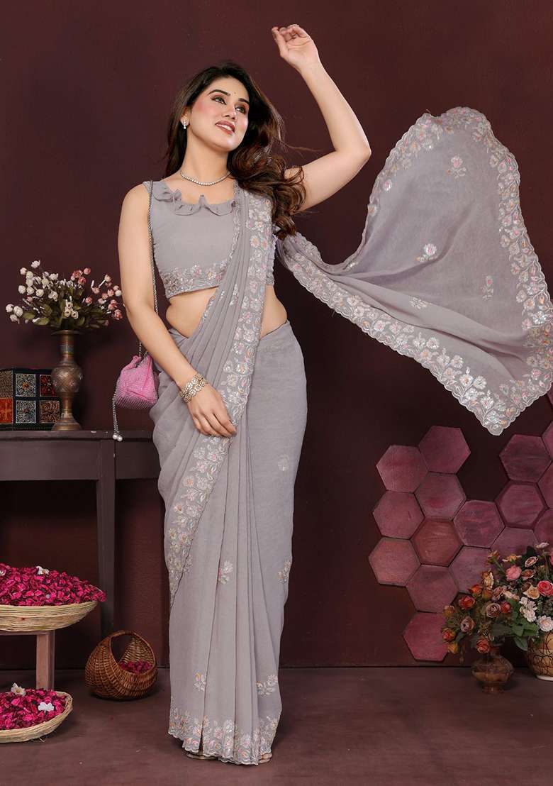 Grey Georgette With Blouse Silk Blend Saree with Embroidery for Diwali | Wedding & Festive Wear - Indya
