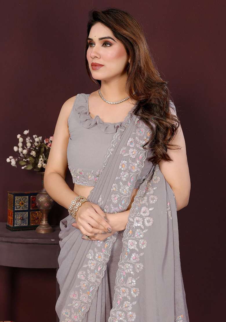 Grey Georgette With Blouse Silk Blend Saree with Embroidery for Diwali | Wedding & Festive Wear - Indya
