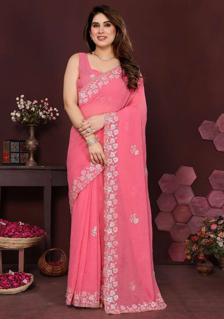 Pink Georgette With Blouse Silk Blend Saree with Embroidery for Diwali | Wedding & Festive Wear - Indya