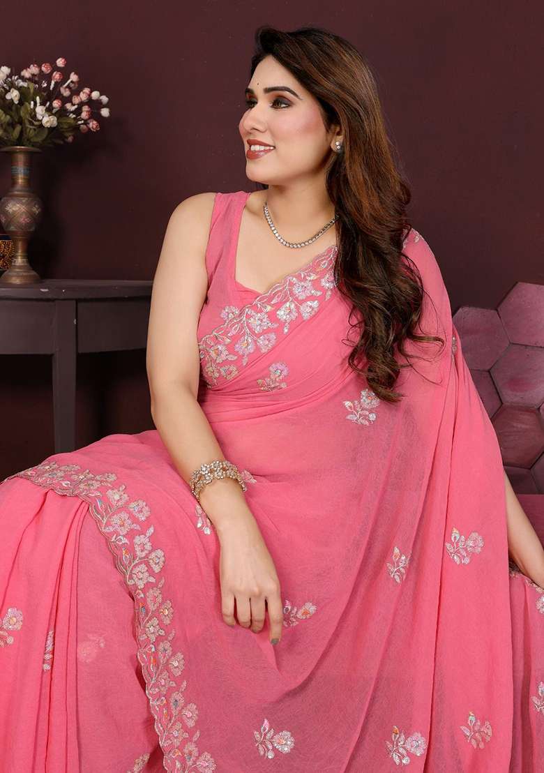 Pink Georgette With Blouse Silk Blend Saree with Embroidery for Diwali | Wedding & Festive Wear - Indya