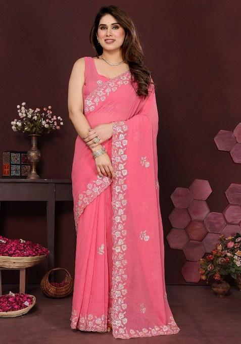 Pink Embroidery Georgette Silk Saree With Blouse