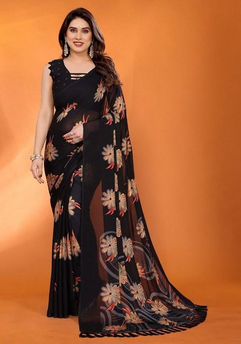 Black Embroidery Satin Chiffon Saree With Blouse