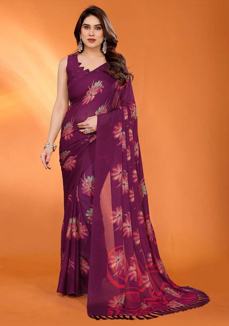 Wine Embroidery Satin Chiffon Saree With Blouse for Diwali and Festive Wear - Indya