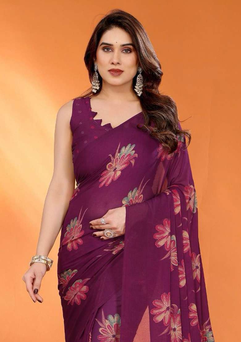 Wine Embroidery Satin Chiffon Saree With Blouse for Diwali and Festive Wear - Indya