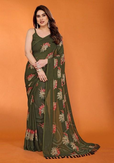 Olive Green Embroidery Satin Chiffon Saree With Blouse