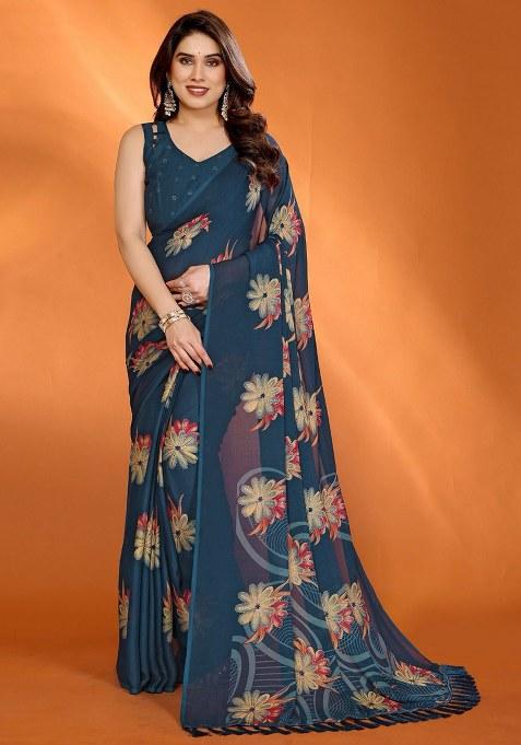 Blue Embroidery Satin Chiffon Saree With Blouse