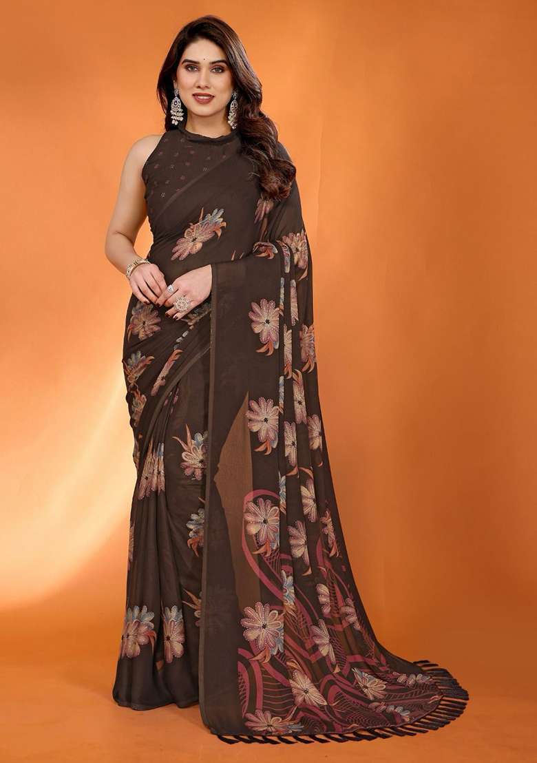Brown Embroidery Satin Chiffon Saree With Blouse for Diwali and Festive Wear - Indya