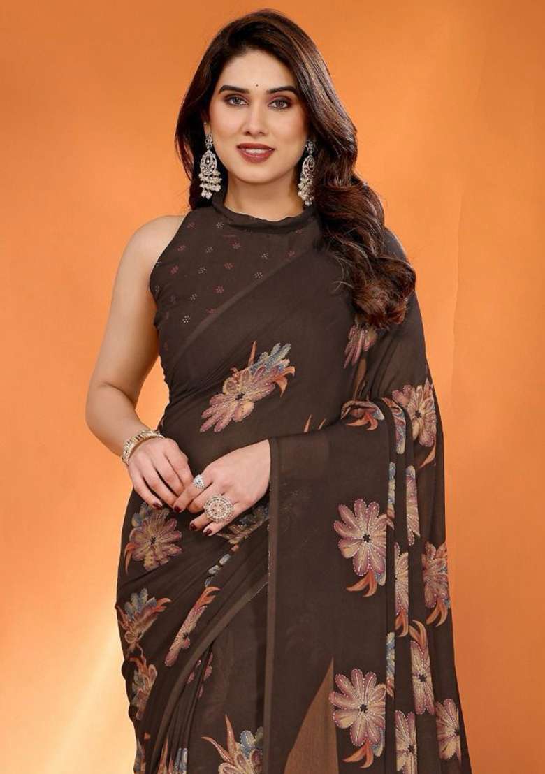 Brown Embroidery Satin Chiffon Saree With Blouse for Diwali and Festive Wear - Indya