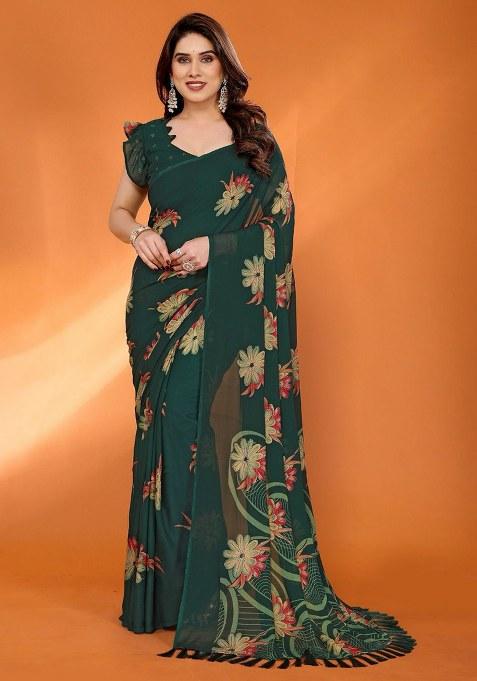 Green Embroidery Satin Chiffon Saree With Blouse