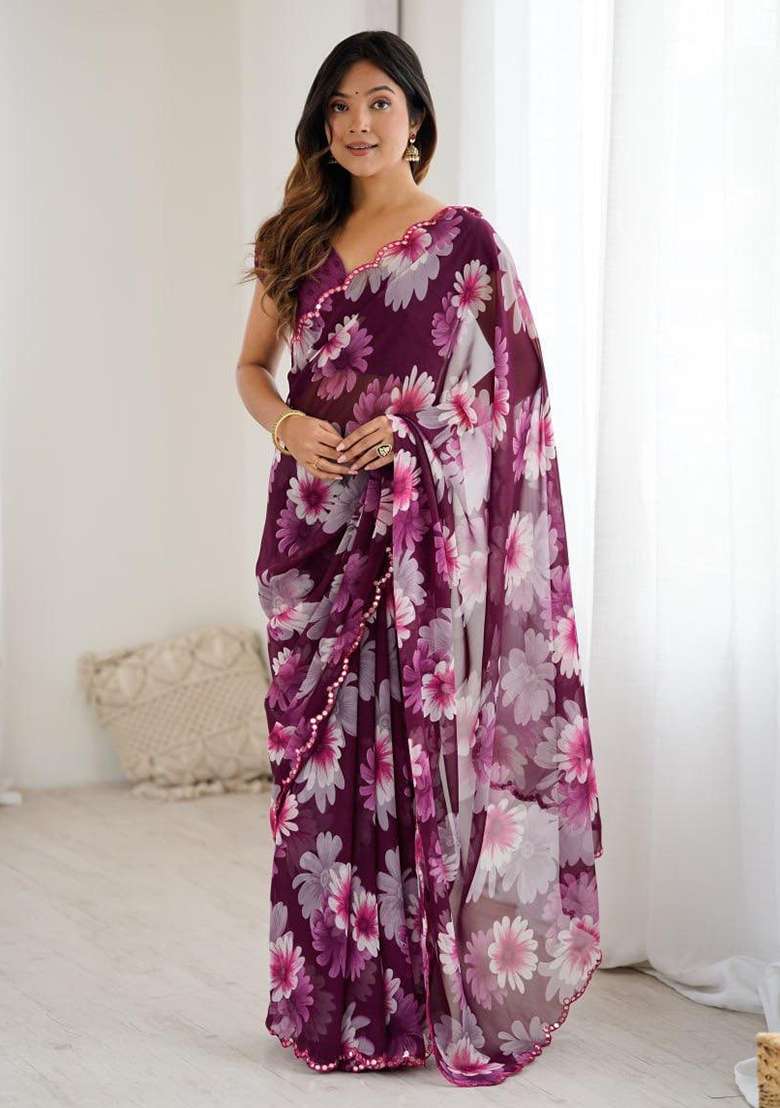 Wine With Blouse Georgette Saree with Embroidery for Diwali | Wedding & Festive Wear - Indya