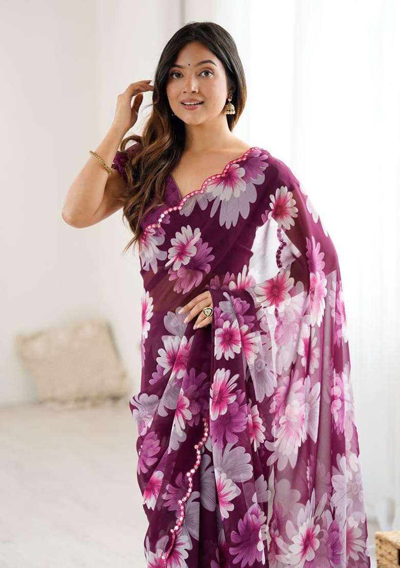 Wine With Blouse Georgette Saree with Embroidery for Diwali | Wedding & Festive Wear - Indya