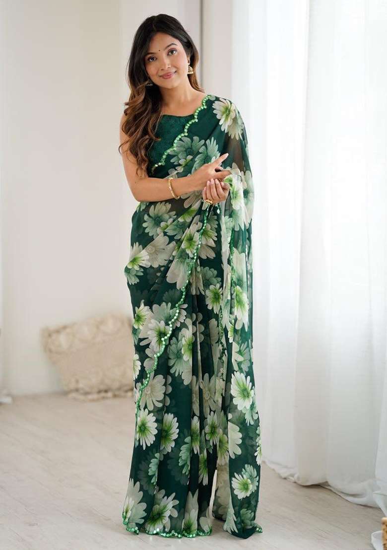Green Embroidery Georgette Saree With Blouse for Diwali and Festive Wear - Indya
