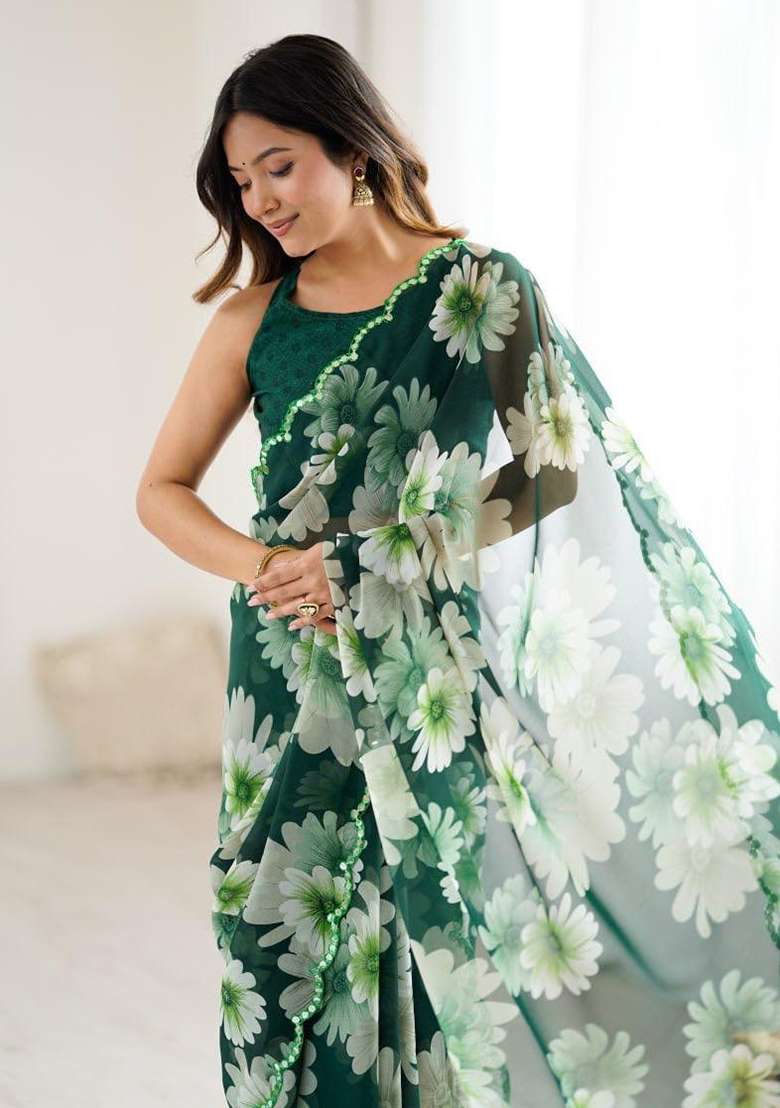 Green Embroidery Georgette Saree With Blouse for Diwali and Festive Wear - Indya